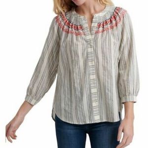 LUCKY BRAND SMOCKED PEASANT SHIRT W/ CONTRAST NECKLINE EMBROIDERY M
